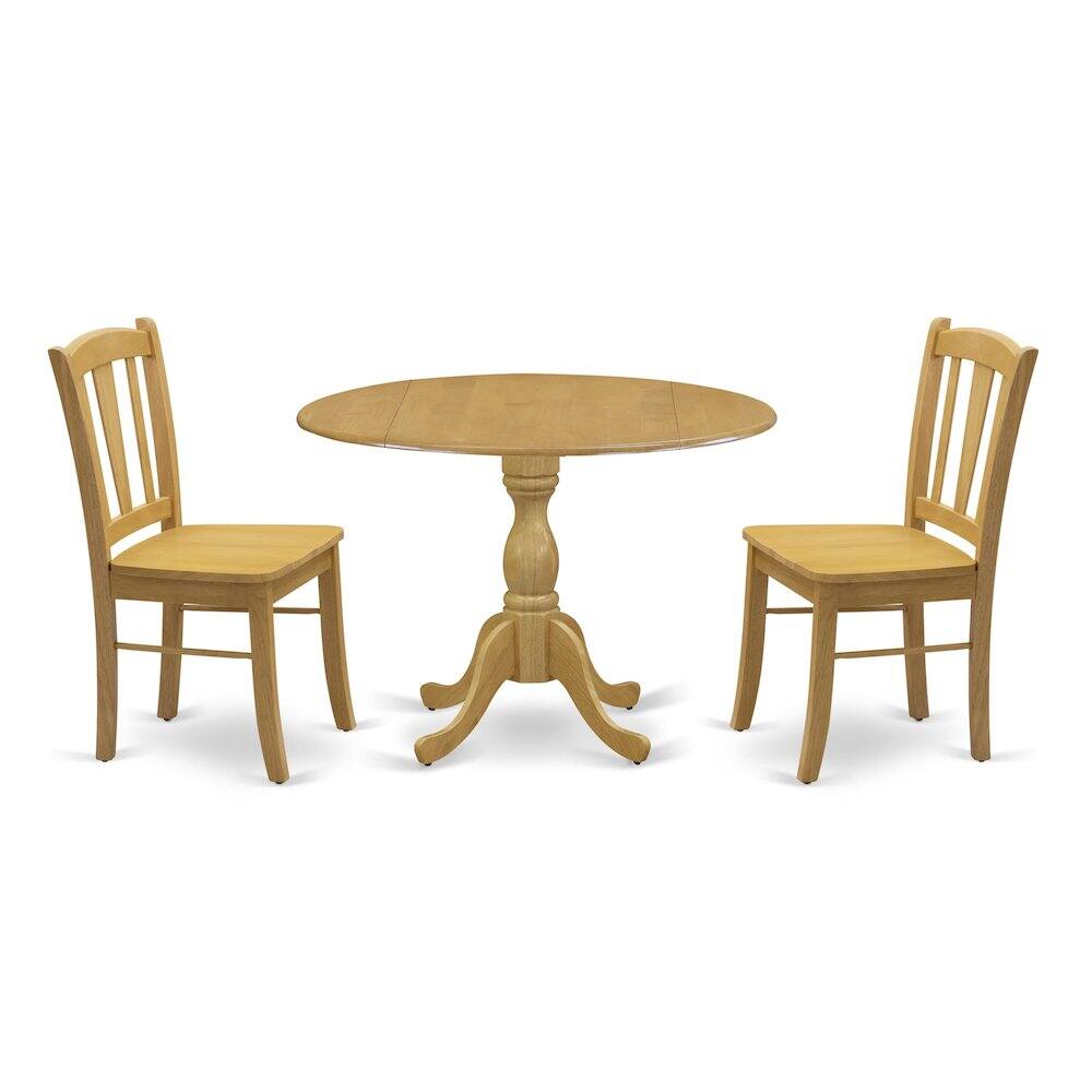 Left. East West Furniture - East West Furniture 3-Piece Dining Room Set- 2 Wood Chair with Wooden Seat and Slatted Chair Back - Dropleafs Round - Multi-Color.