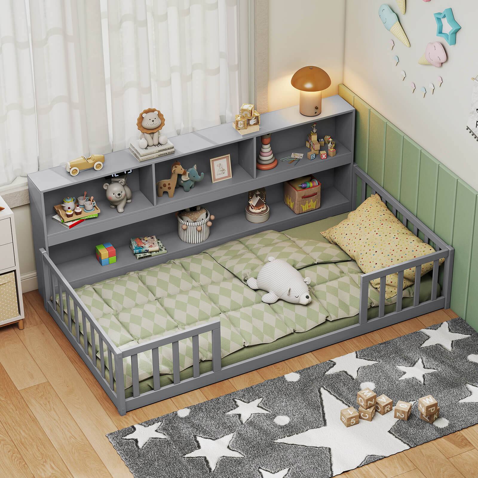 Alt View 5. Costway - Costway Twin Size Montessori Floor Bed with Bookcase Storage Shelves & Safety Fence Rails Gray - Grey.
