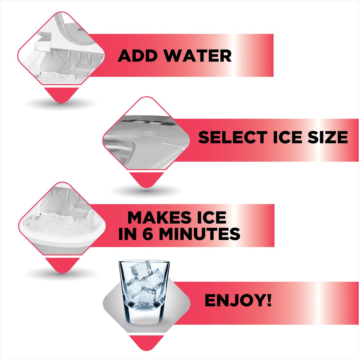 ADD WATER  
SELECT ICE SIZE  
MAKES ICE IN 6 MINUTES  
ENJOY!
