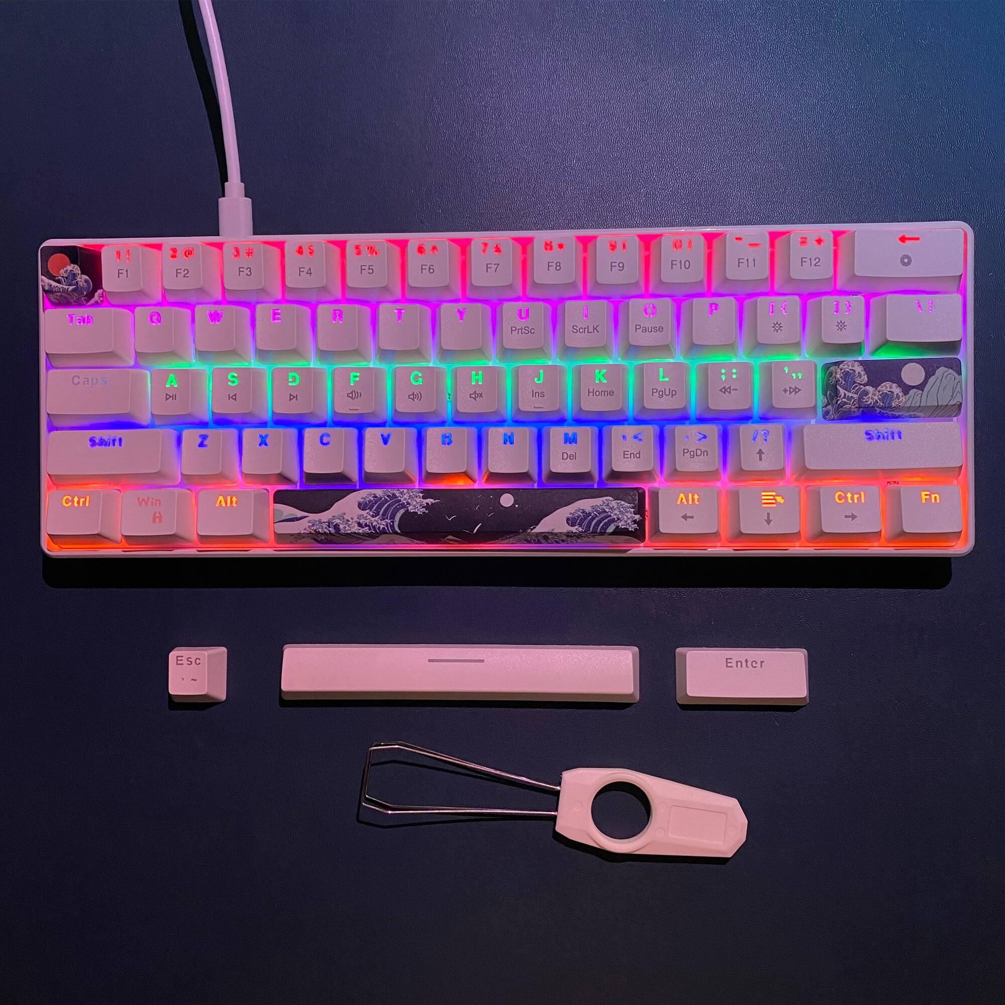 Sure, here is the corrected and grouped text from the image:

- Top Row: `F1 F2 F3 F4 F5 F6 F7 F8 F9 F10 F11 F12`
- Second Row: `Tab Q W E R T Y U I O P`
- Third Row: `Caps A S D F G H J K L ; '`
- Fourth Row: `Shift Z X C V B N M , . /`
- Bottom Row: `Ctrl Win Alt Spacebar Alt Ctrl Fn Esc Enter`
- Additional Keys: `PrtSc SysRq Pause Ins Home PgUp PgDn End Del`
- Arrow Keys: `← ↑ → ↓`
- Function Keys: `1 2 3 4 5 6 7 8 9 0 - = +`
- Special Keys: `Shift` (on both sides), `Ctrl`, `Fn`, `Esc`, `Enter`
- Other: `Ctrl`, `Win`, `Alt`, `Spacebar`, `Alt`, `Ctrl`, `Fn`, `Esc`, `Enter`