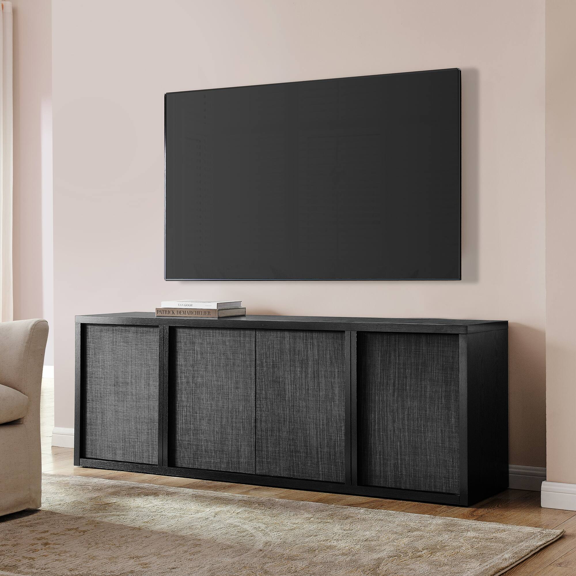 Alt View 3. Hudson&Canal - Kai Rectangular TV Stand for TV's up to 75" in Black Grain - Black Grain.