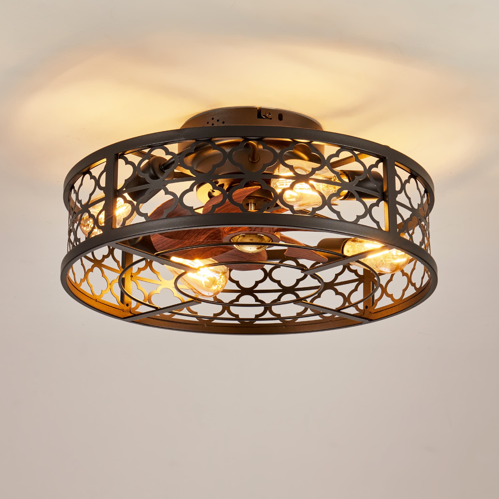 Front. Sofucor - Farmhouse Ceiling Fans w/ Light Remote Flush Mount Rustic Ceiling Fan Boho Bladeless Country Caged Ceiling Light Fixture - Black.