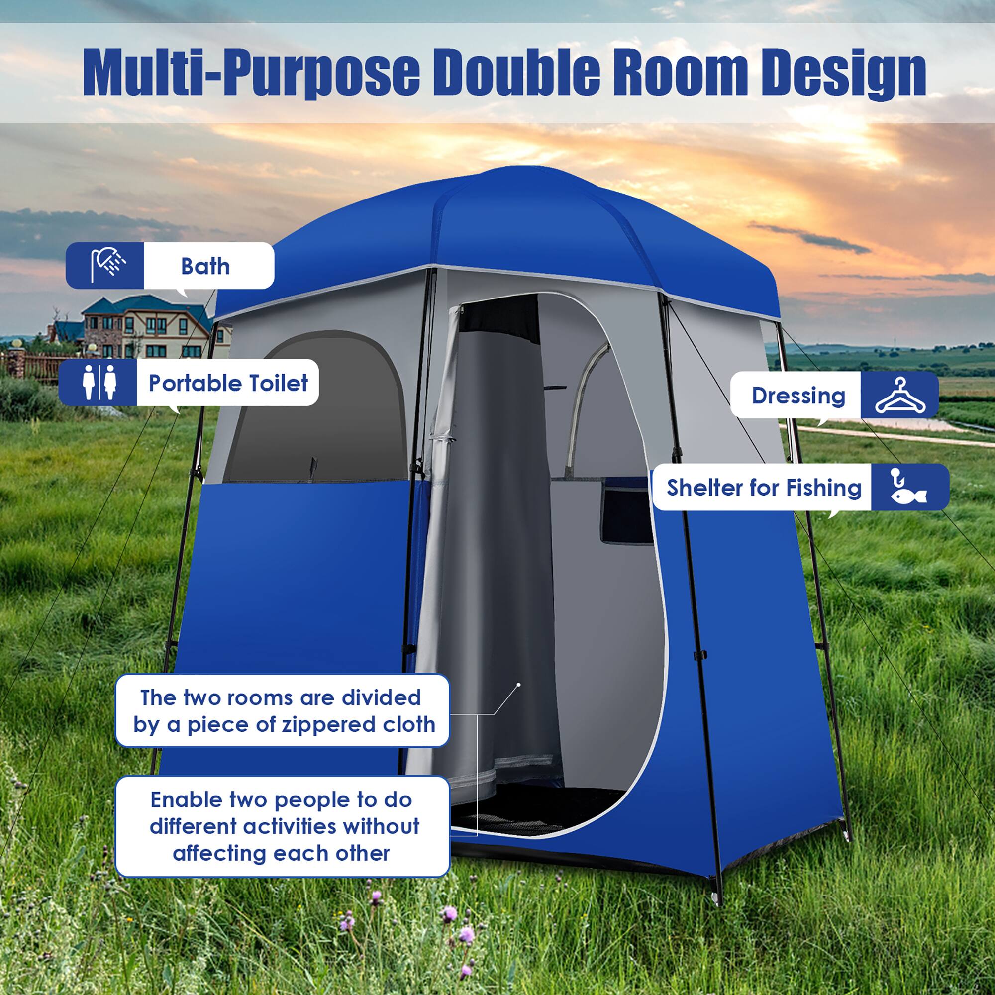 Multi-Purpose Double Room Design

- Bath
- Portable Toilet
- Dressing
- Shelter for Fishing

The two rooms are divided by a piece of zippered cloth. Enable two people to do different activities without affecting each other.