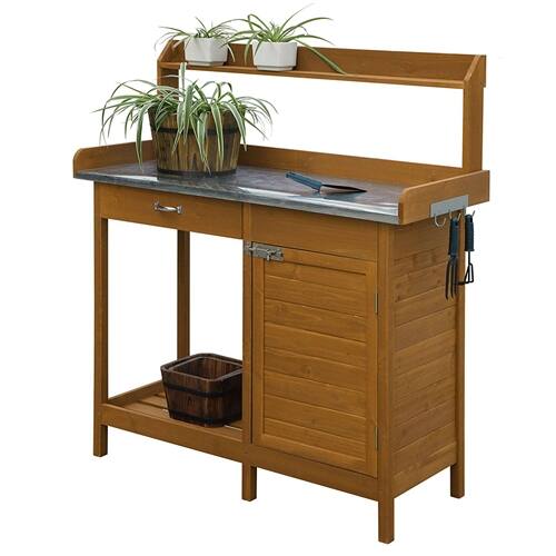 Left. SlickBlue - Home Garden Potting Bench with Metal Top and Built In Storage Cabinet - Red Cedar.