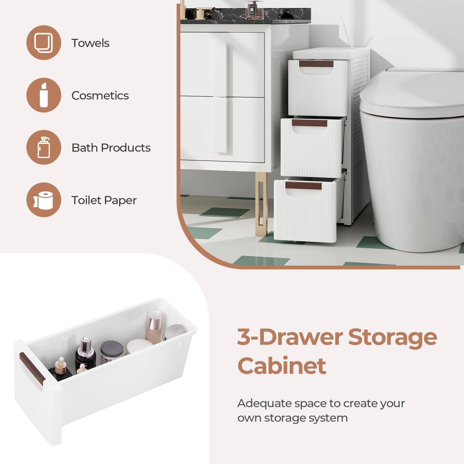 Towels, Cosmetics, Bath Products, Toilet Paper, 3-Drawer Storage Cabinet, Adequate space to create your own storage system