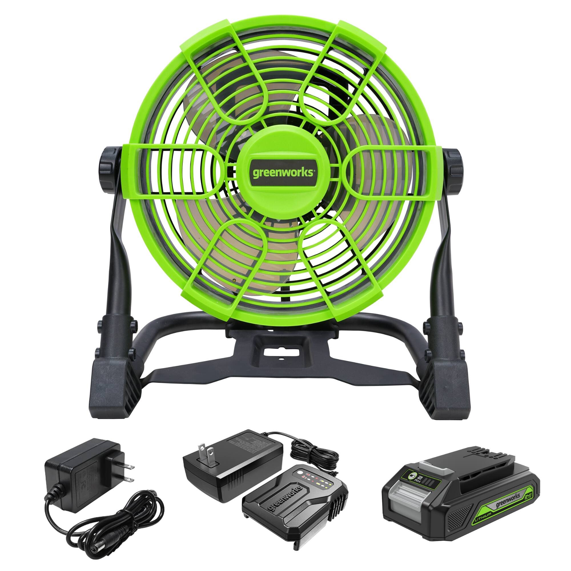 Greenworks - 24V 10" (5-Speed) Fan (500 CFM), with 2.0Ah USB Battery and Charger - Green