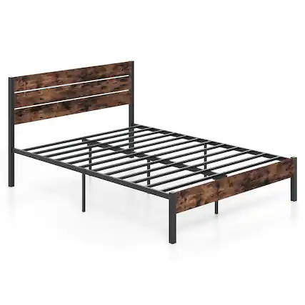 Front. Costway - Queen Bed Frame with Tall Industrial Headboard Heavy-Duty Metal Slats Support - Brown.