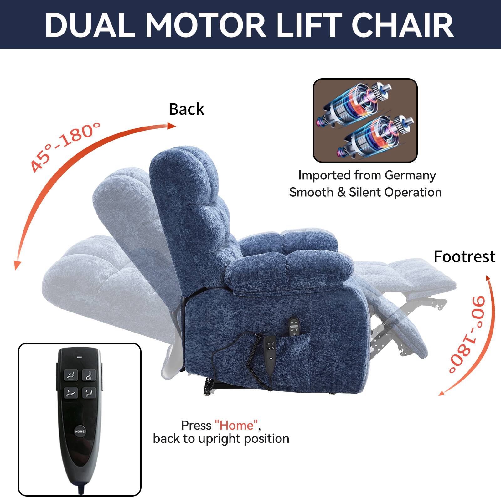 DUAL MOTOR LIFT CHAIR

45°-180° Back

Imported from Germany
Smooth & Silent Operation

Footrest 90°-180°

Press "Home", back to upright position