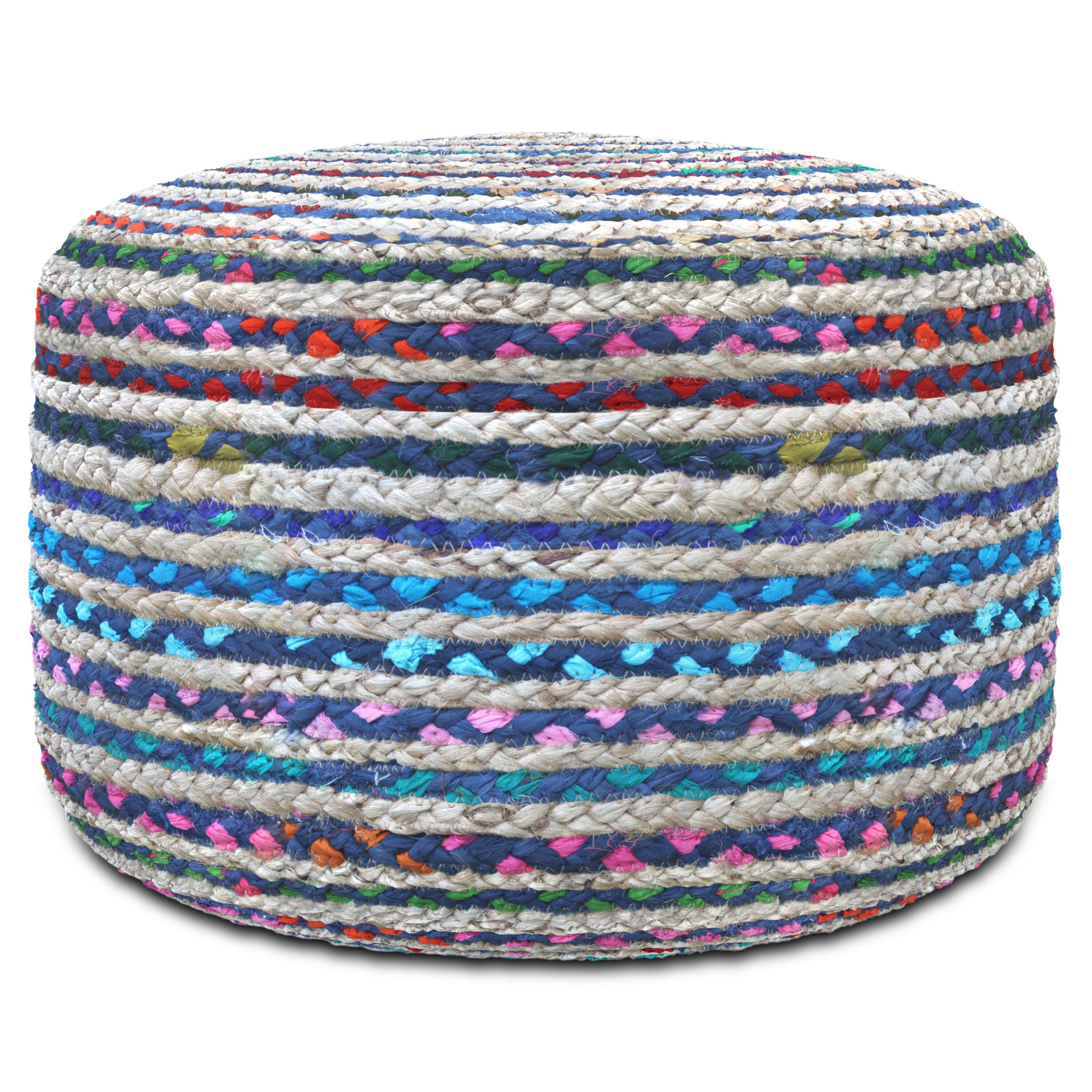 Left. Simpli Home - Margo Boho Round Pouf in Blue Braided Jute - Blue.