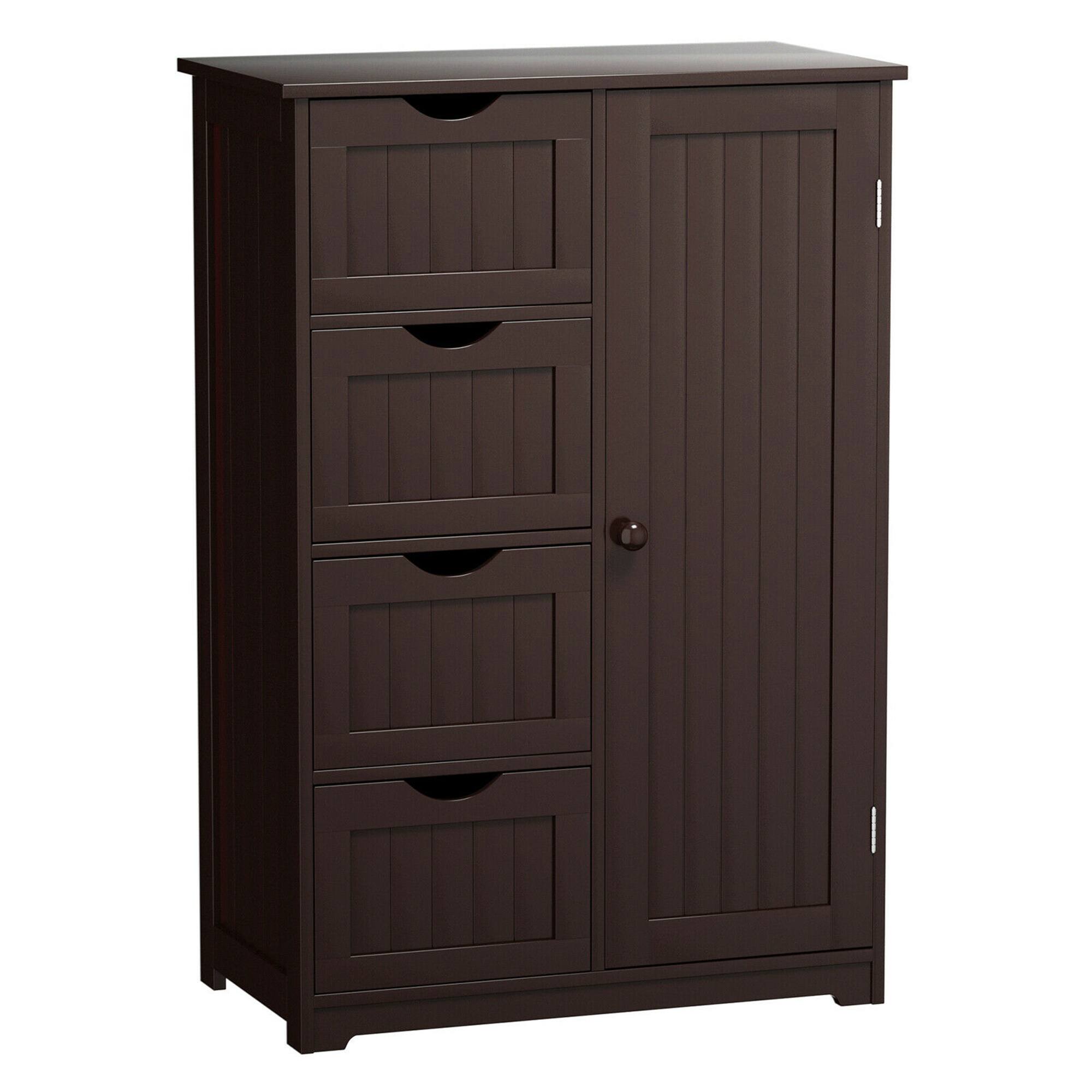 Front. Gymax - Gymax Wooden 4 Drawer Free Standing Bathroom Floor Cabinet Adjustable Storage Cupboard - Brown.