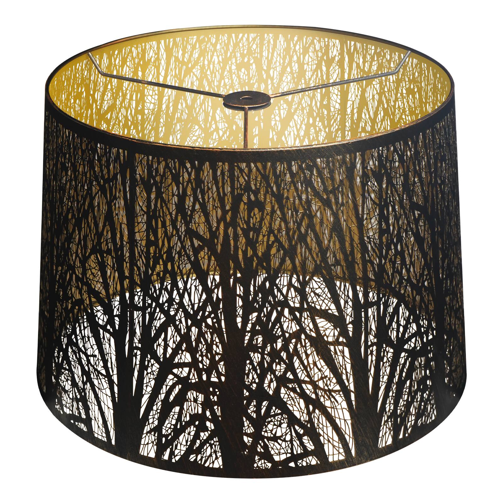 Front. Alucset - Etched Forest Drum Metal Lamp Shade with Antique Bronze Exterior and Gold Interior - Replacement for Table Floor Lamps - Antique Bronze & Gold.