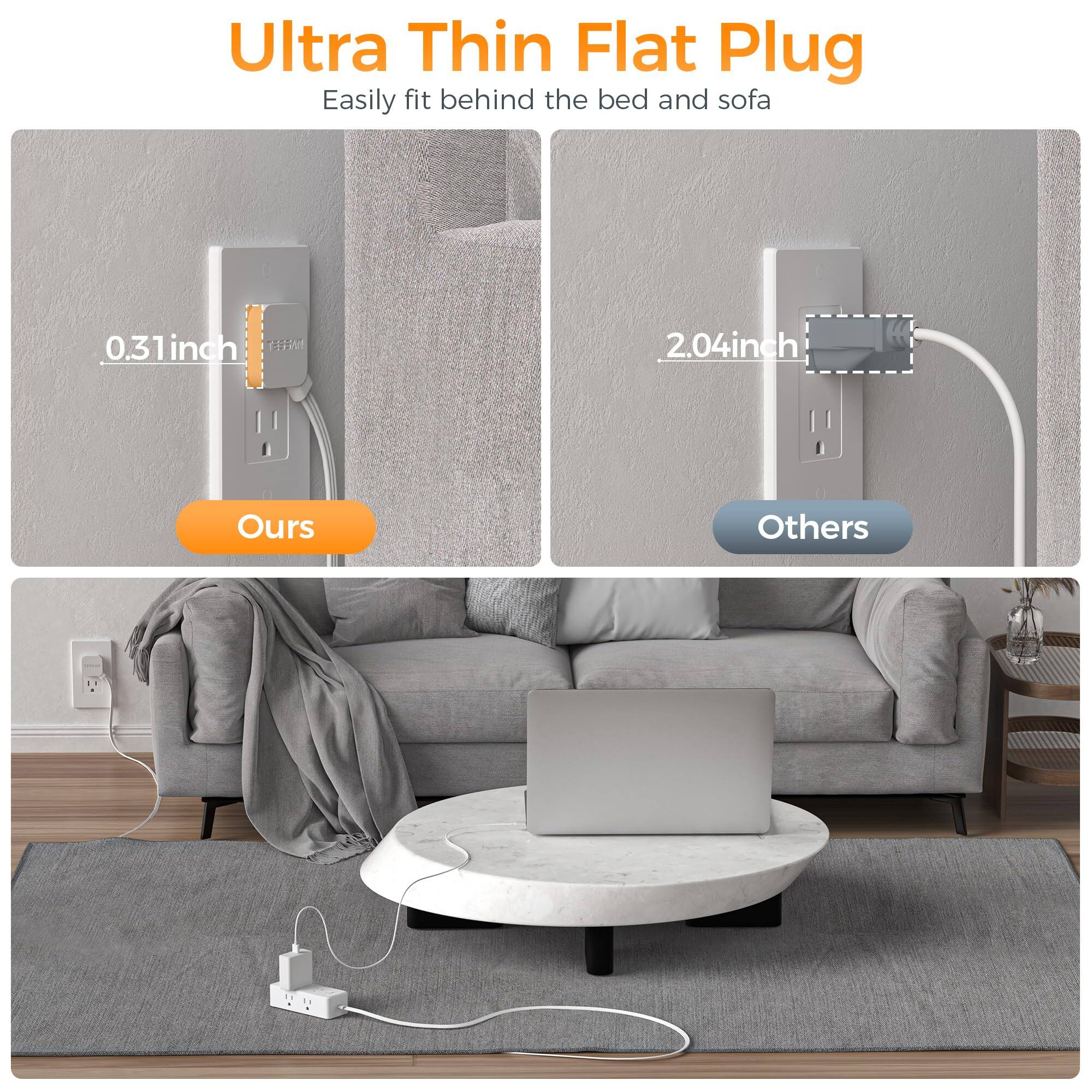 Ultra Thin Flat Plug  
Easily fit behind the bed and sofa  

0.31inch  
2.04inch  

Ours  
Others
