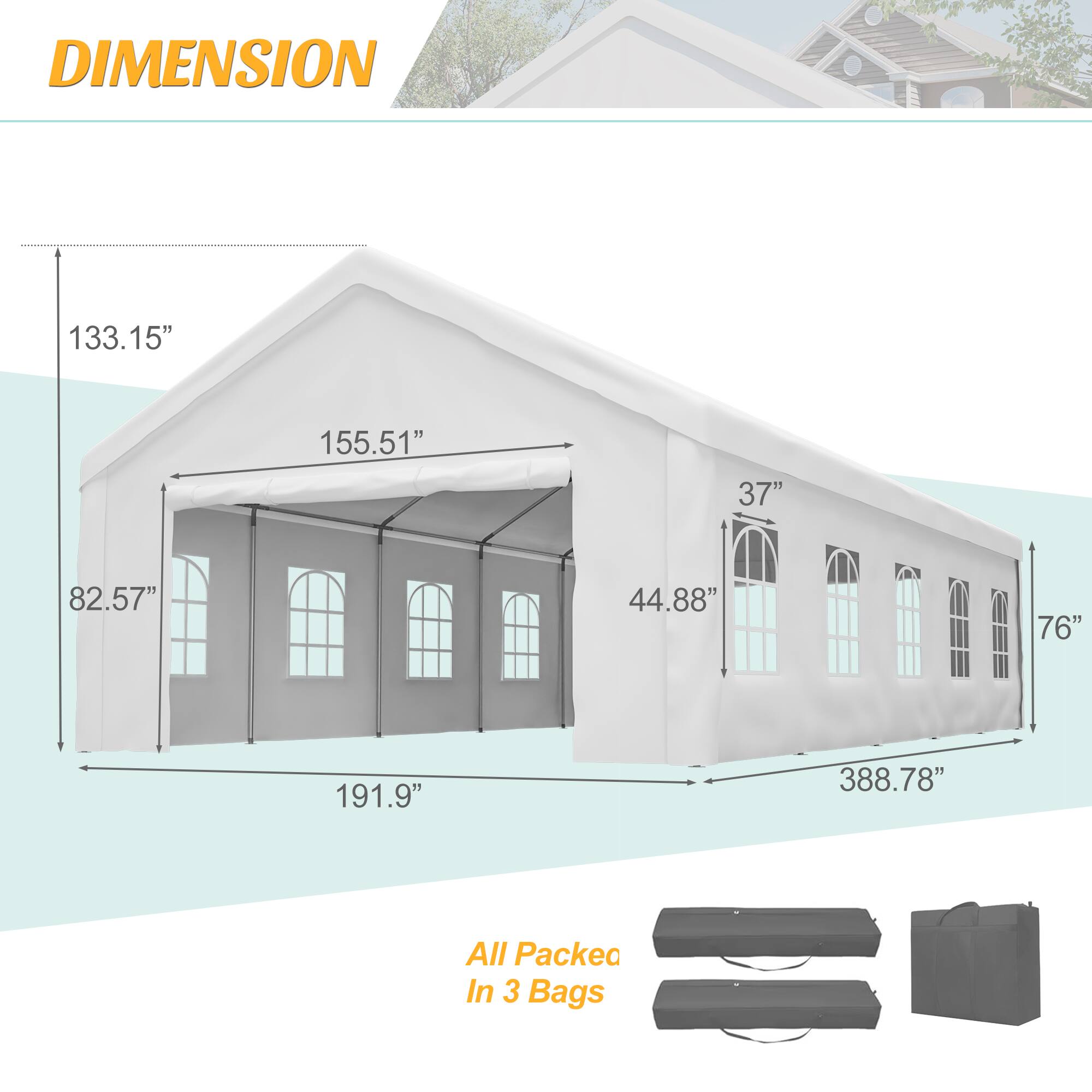 DIMENSION  
133.15" 155.51" 37" 82.57" 44.88" 76" 191.9" 388.78"  
All Packed In 3 Bags