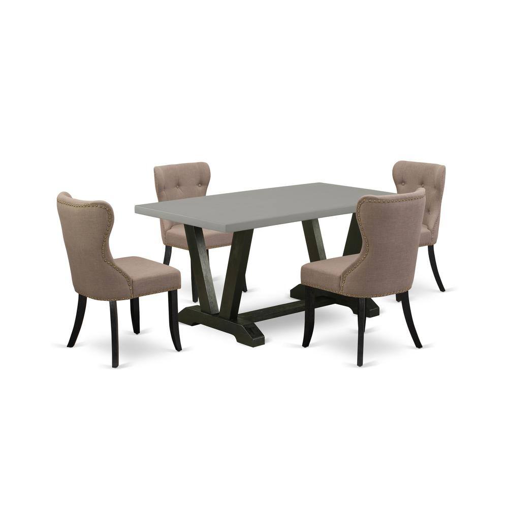 Left. East West Furniture - East West Furniture V696SI648-5 5-Piece Modern Dining Set- 4 Parson Dining Chairs with Coffee Linen Fabric Seat and - Multi-Color.
