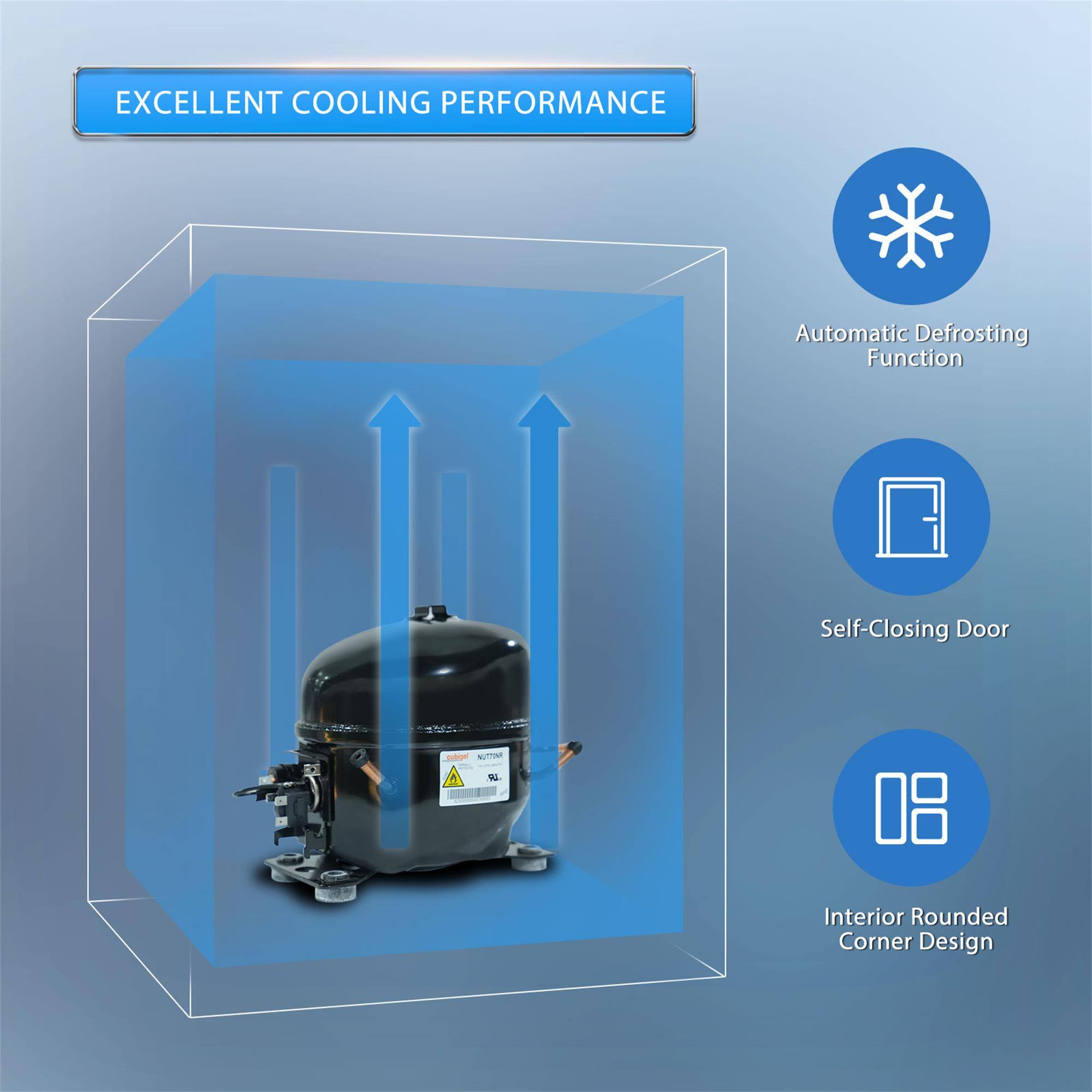 EXCELLENT COOLING PERFORMANCE

- Automatic Defrosting Function
- Self-Closing Door
- Interior Rounded Corner Design