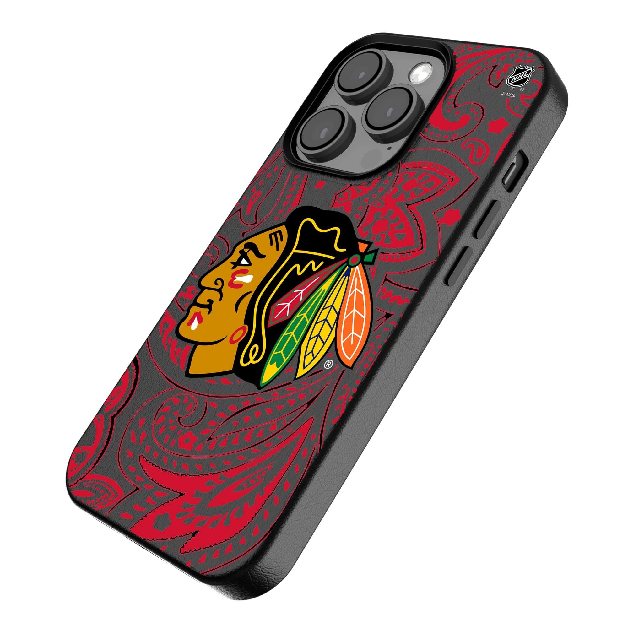 Alt View 1. Keyscaper - Black Chicago Blackhawks Paisley iPhone Magnetic Bump Case - 15 Pro Max - Black.