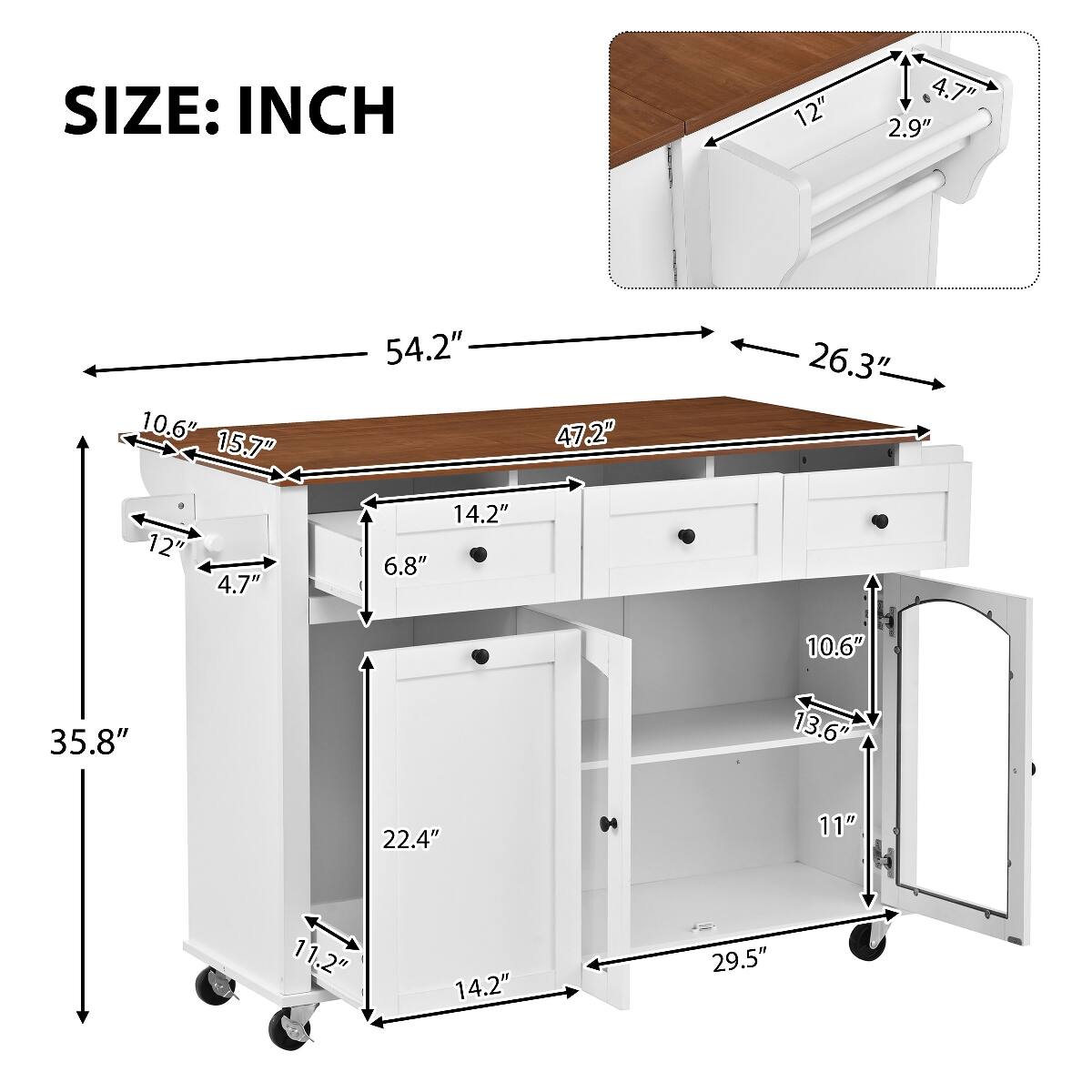 SIZE: INCH

12"  
4.7" 2.9"  
10.6" 15.7"  
54.2"  
47.2"  
26.3"  
12"  
4.7"  
14.2" 6.8"  
10.6"  
35.8"  
13.6"  
22.4"  
M  
11"  
11.2"  
14.2"  
29.5"