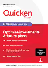 Best-Selling Personal Finance Software*
Quicken Classic
PREMIER | Windows & Mac
Optimize investments & future plans
- Track & grow your investments
- Plan ahead for retirement
- Maximize tax benefits & ease prep with built-in reports
- Track & pay your bills
New Subscribers Only
1-year subscription | Includes automatic connection to latest, up-to-date version