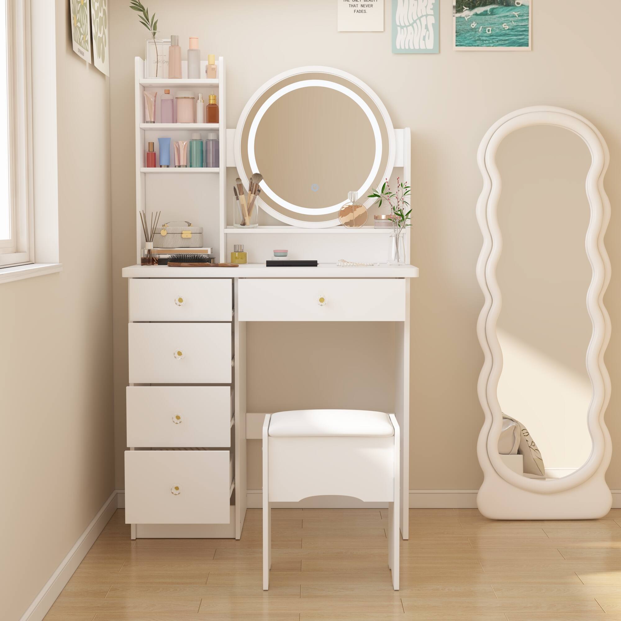 Famapy - Vanity Desk with 3-Color LED Mirror & Upholstered Stool, Makeup Table with Drawers & Shelves for Bedroom - White