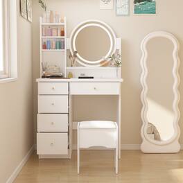 Famapy - Vanity Desk with 3-Color LED Mirror & Upholstered Stool, Makeup Table with Drawers & Shelves for Bedroom - White