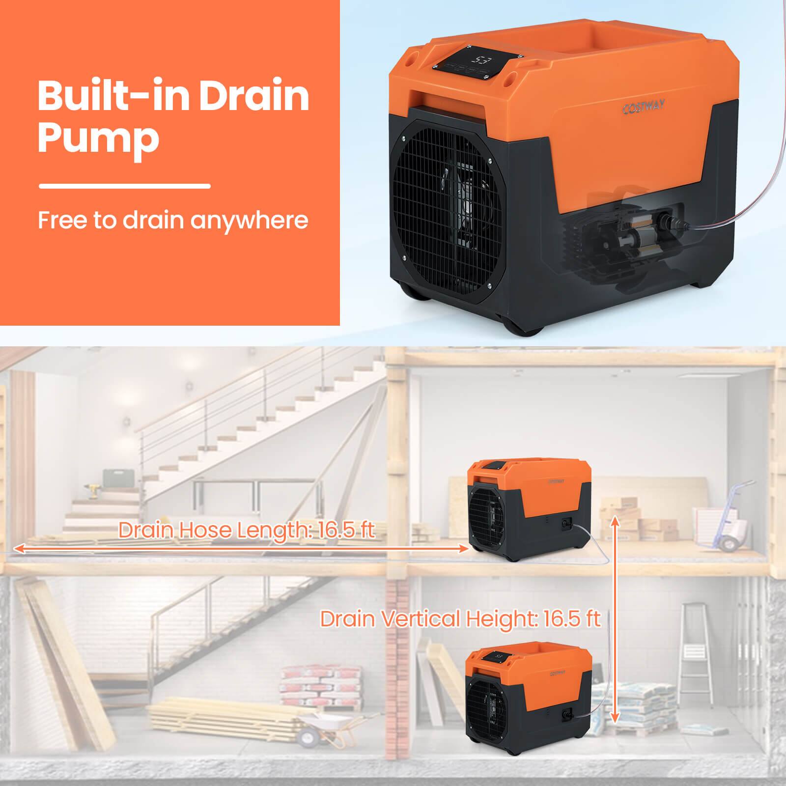 Built-in Drain Pump  
Free to drain anywhere  

Drain Hose Length: 16.5 ft  
Drain Vertical Height: 16.5 ft