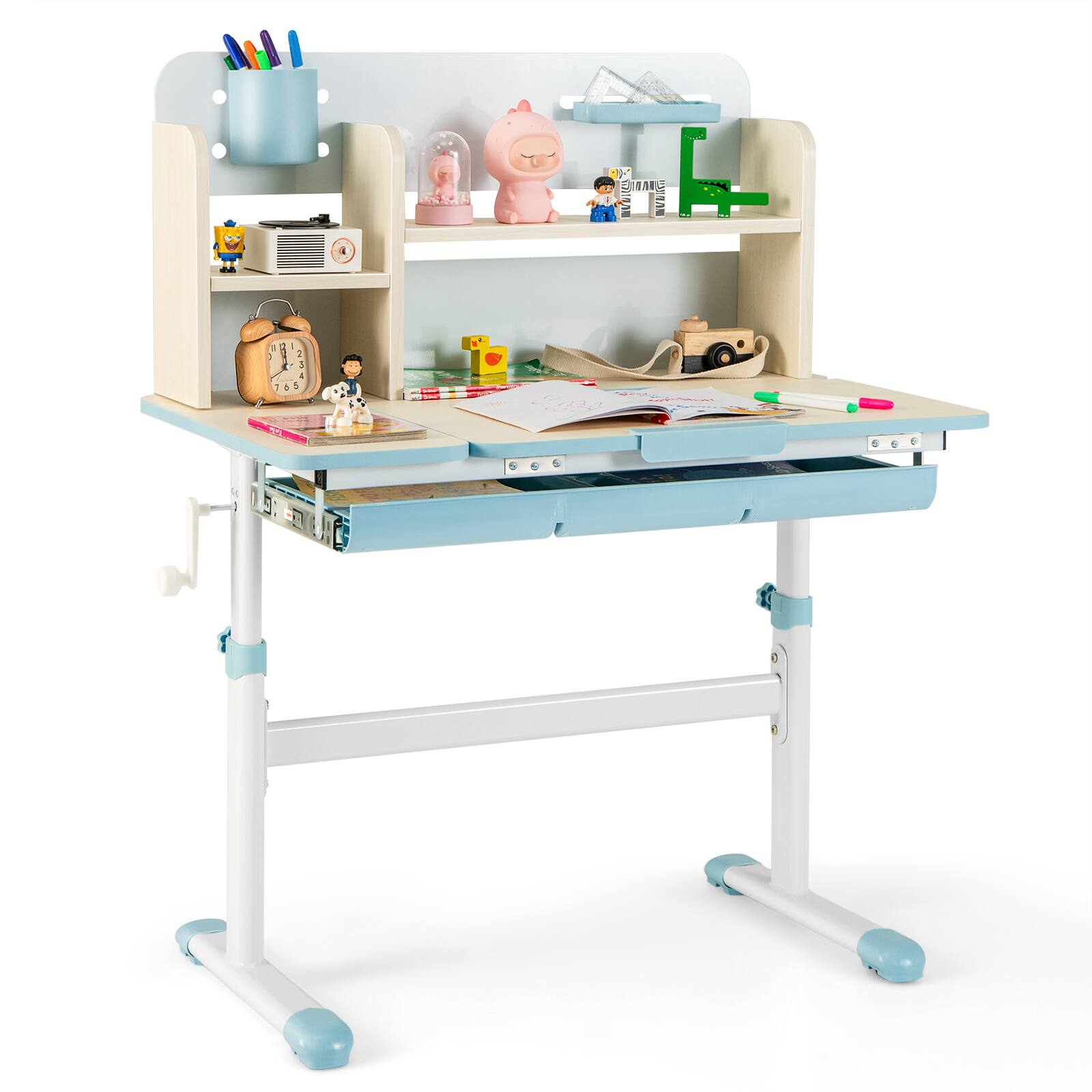 Costway - Kids Study Desk Height Adjustable Children Writing Table w/ Tilt Desktop - Blue