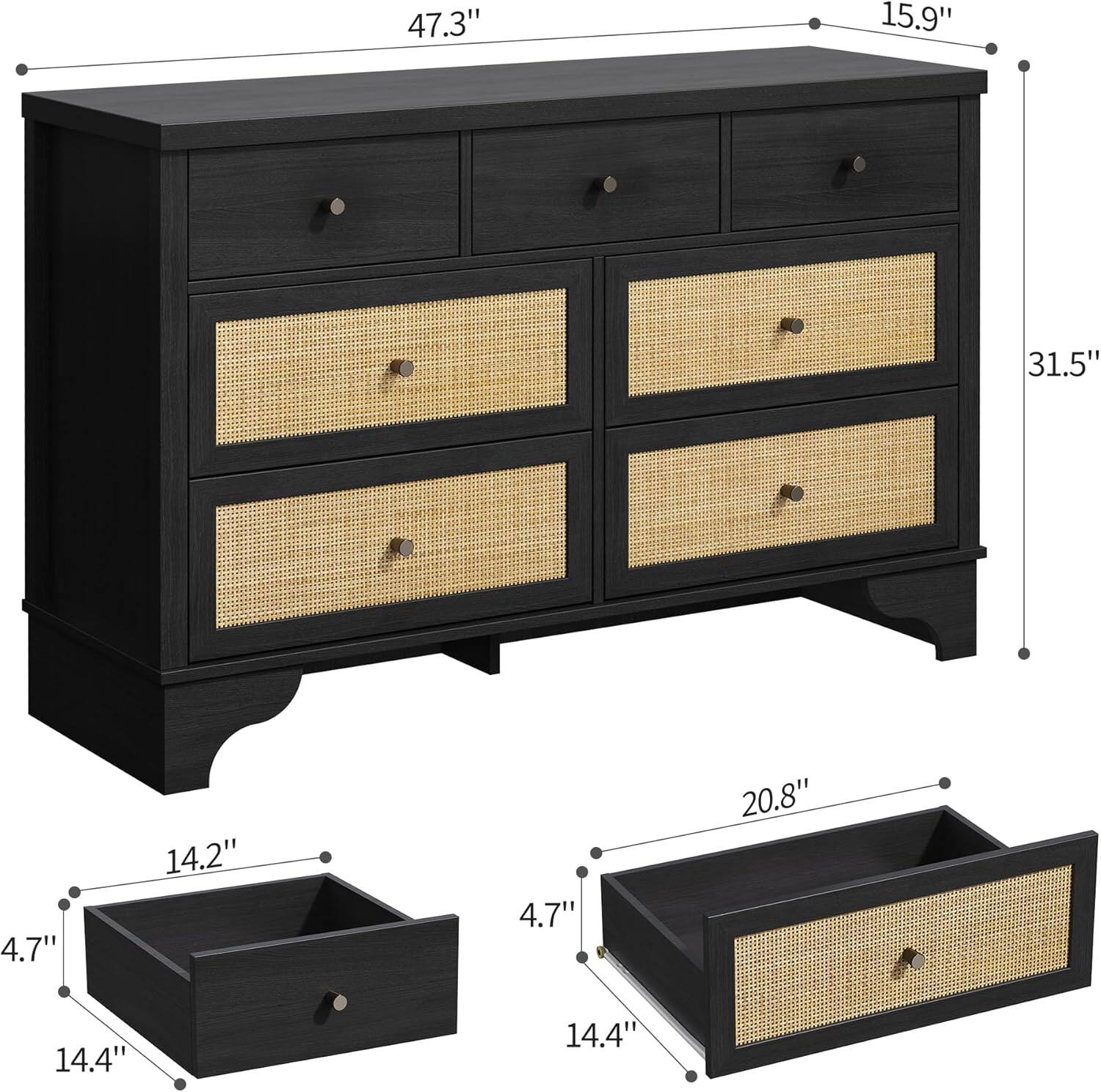 47.3" (width)  
15.9" (height)  
31.5" (depth)  

14.2" (small drawer width)  
4.7" (small drawer height)  
14.4" (small drawer depth)  

20.8" (large drawer width)  
7" (large drawer height)  
14.4" (large drawer depth)