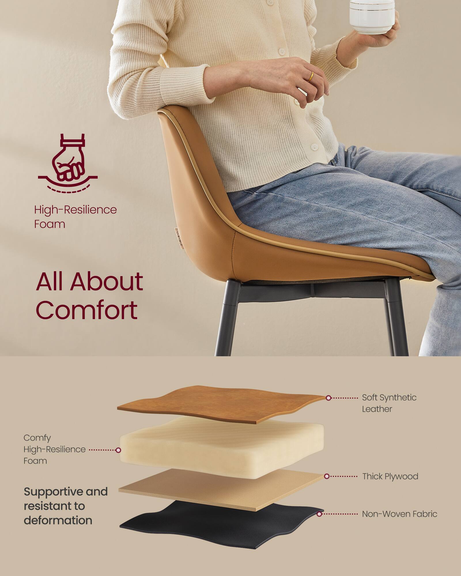 High-Resilience Foam  
All About Comfort  
Soft Synthetic Leather  
Comfy High-Resilience Foam  
Supportive and resistant to deformation  
Thick Plywood  
Non-Woven Fabric