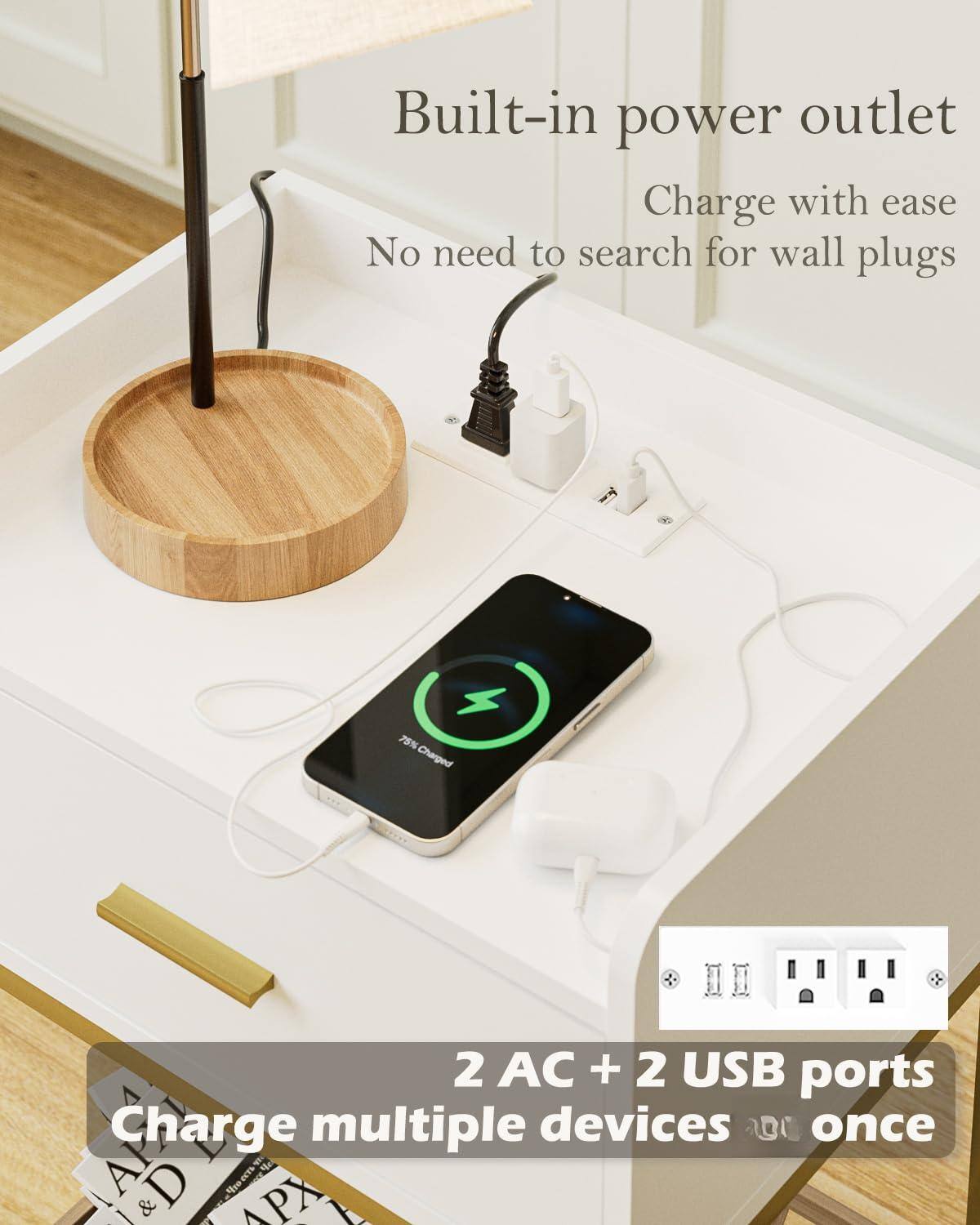 Built-in power outlet  
Charge with ease  
No need to search for wall plugs  

2 AC + 2 USB ports  
Charge multiple devices once