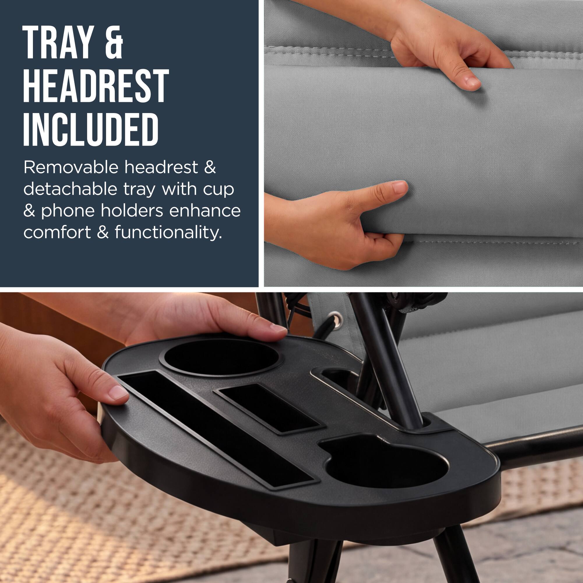 TRAY & HEADREST INCLUDED

Removable headrest & detachable tray with cup & phone holders enhance comfort & functionality.