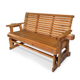 Fortune Candy - Wooden Patio Glider Bench w/Cupholders, Heavy Duty 800 Lbs for Porch Yard Garden (3-Seater - Brown