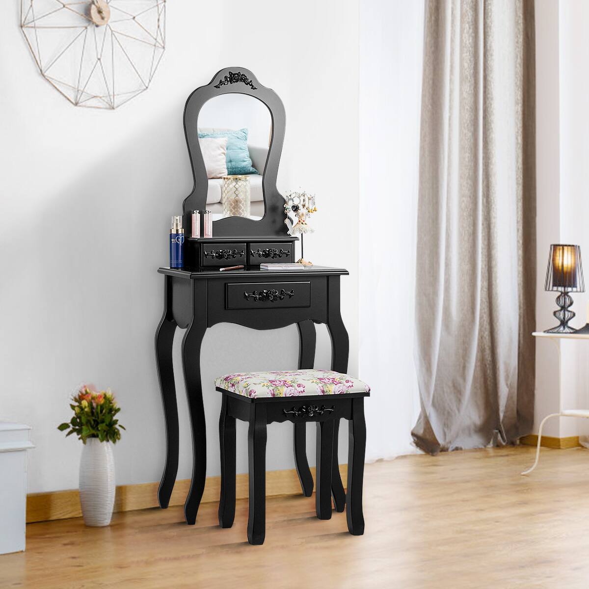 Alt View 1. Costway - Costway Vanity Wood Makeup Dressing Table Stool Jewelry Desk - Black.