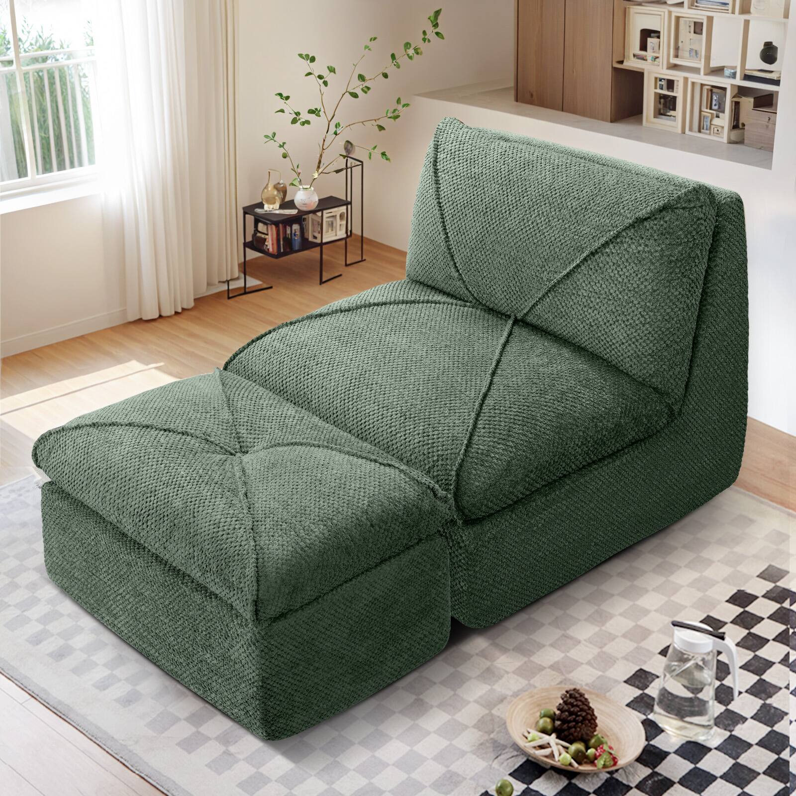 Angle. KERDOM - 35'‘ Wide Armless Leisure Sofa with Footrest, No Assembly Breathable Cotton-linen Cushioned Single Sofa, Office Nap Sofa - Olive Green.
