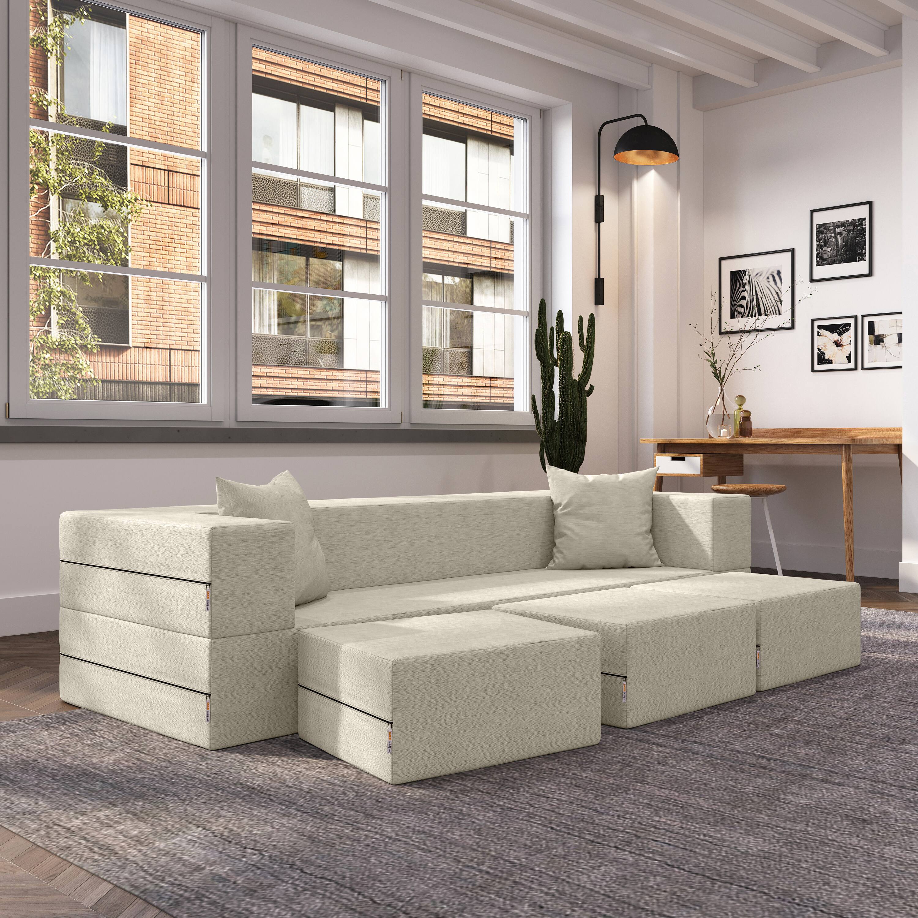 Left. Jaxx - Jaxx Zipline Convertible Sleeper Sofa & Three Ottomans/California King-Size Bed, Textured Microvelvet - Ivory - Ivory.