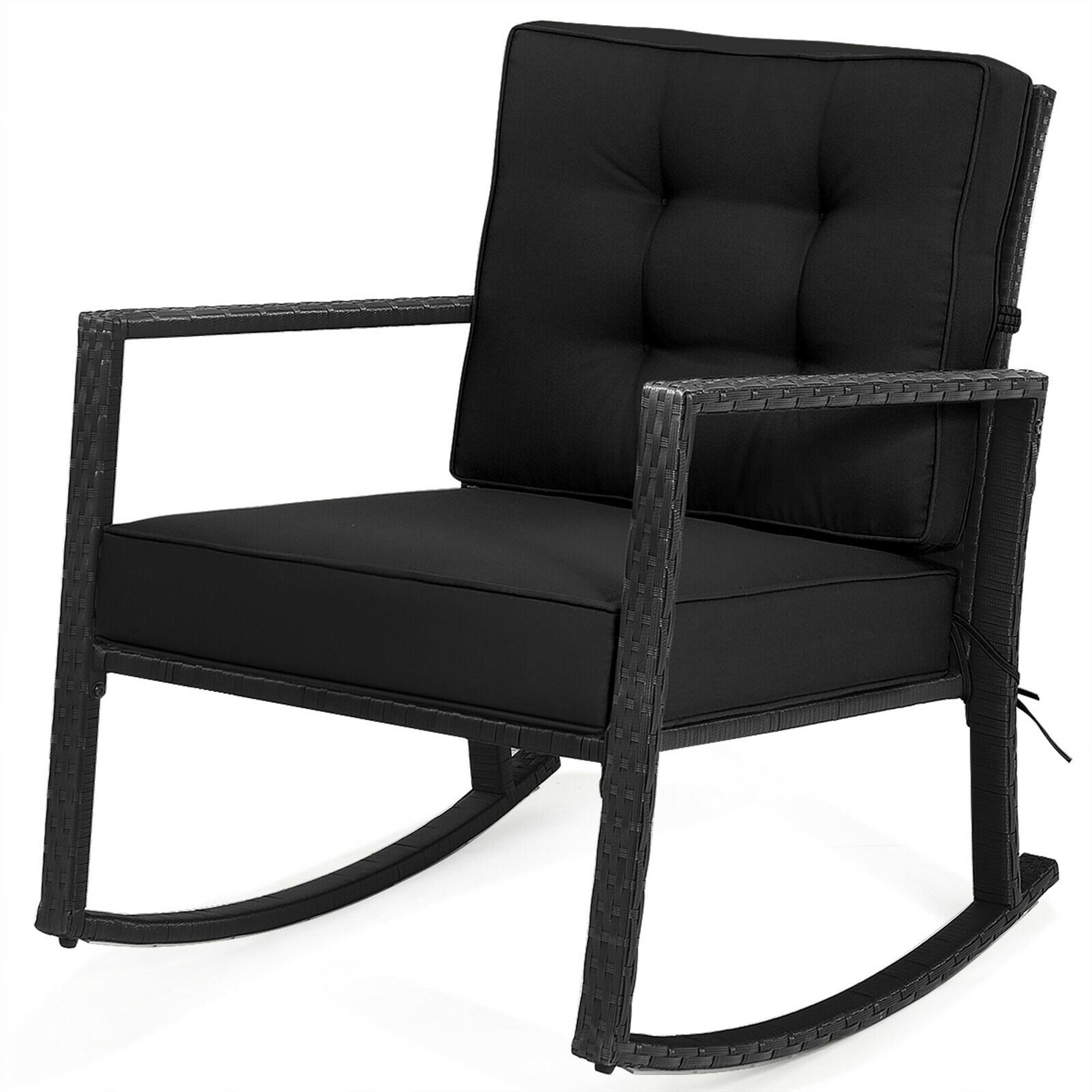 Alt View 7. Gymax - Gymax Outdoor Wicker Rocking Chair Patio Lawn Rattan Single Chair Glider w/ Black Cushion - Black.