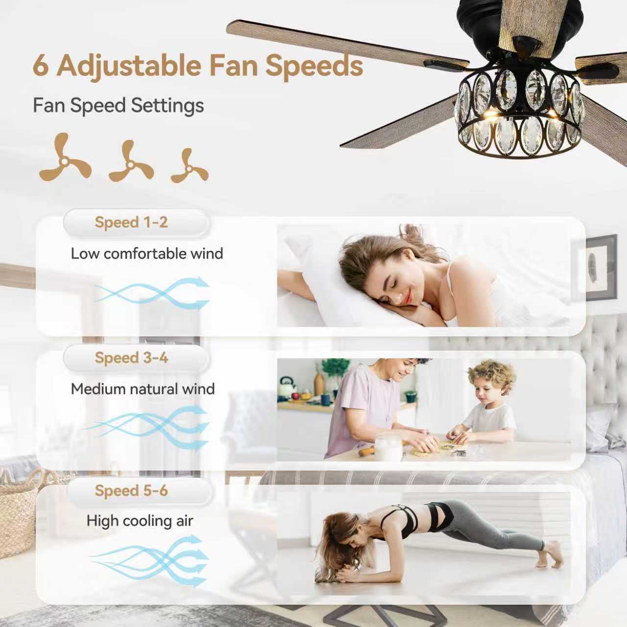 6 Adjustable Fan Speeds

Fan Speed Settings

Speed 1-2  
Low comfortable wind

Speed 3-4  
Medium natural wind

Speed 5-6  
High cooling air