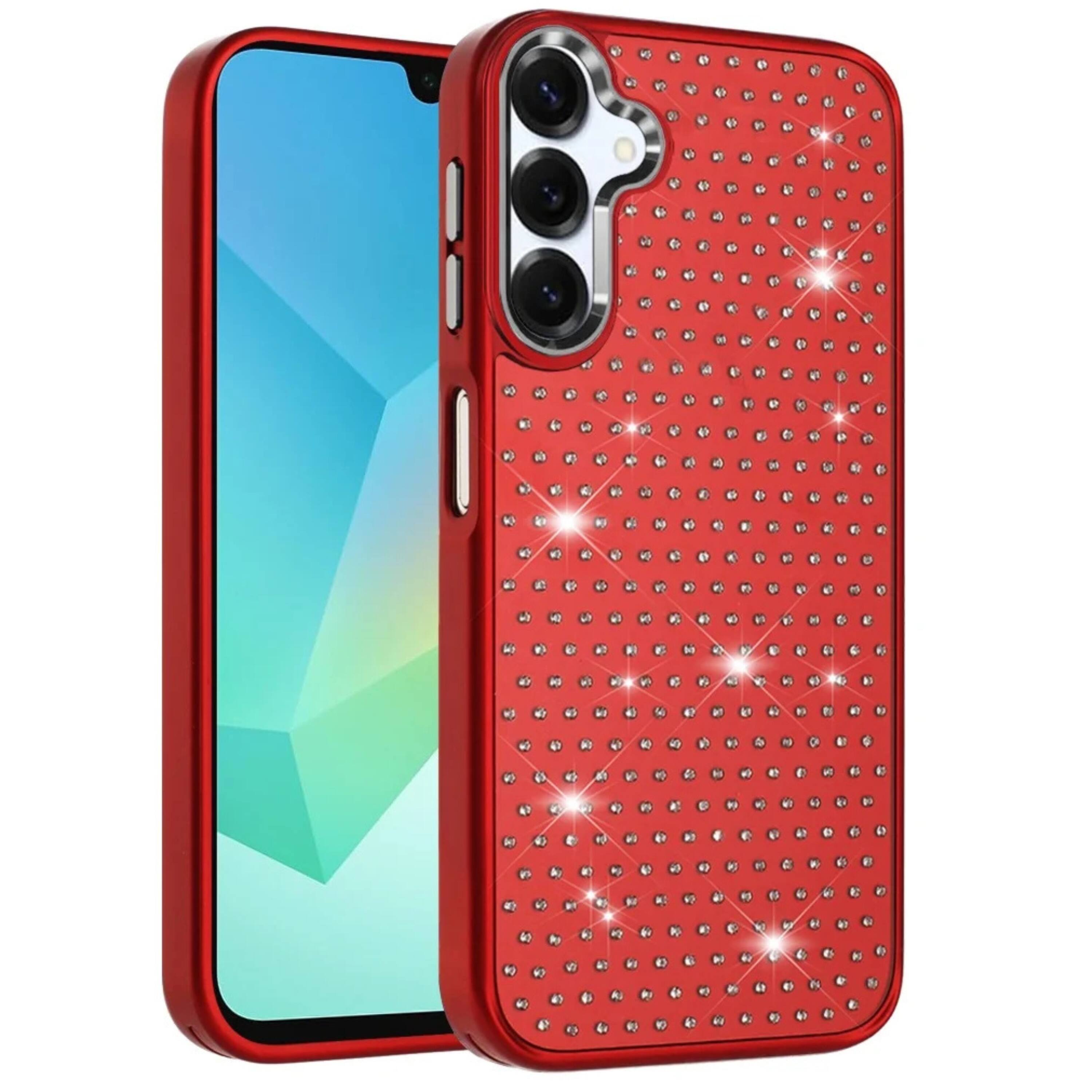 Angle. Kitcheniva - Chrome Plated Rhinestone Bling Protective Phone Case With Tempered Glass For Samsung A16 5G Red - Red.