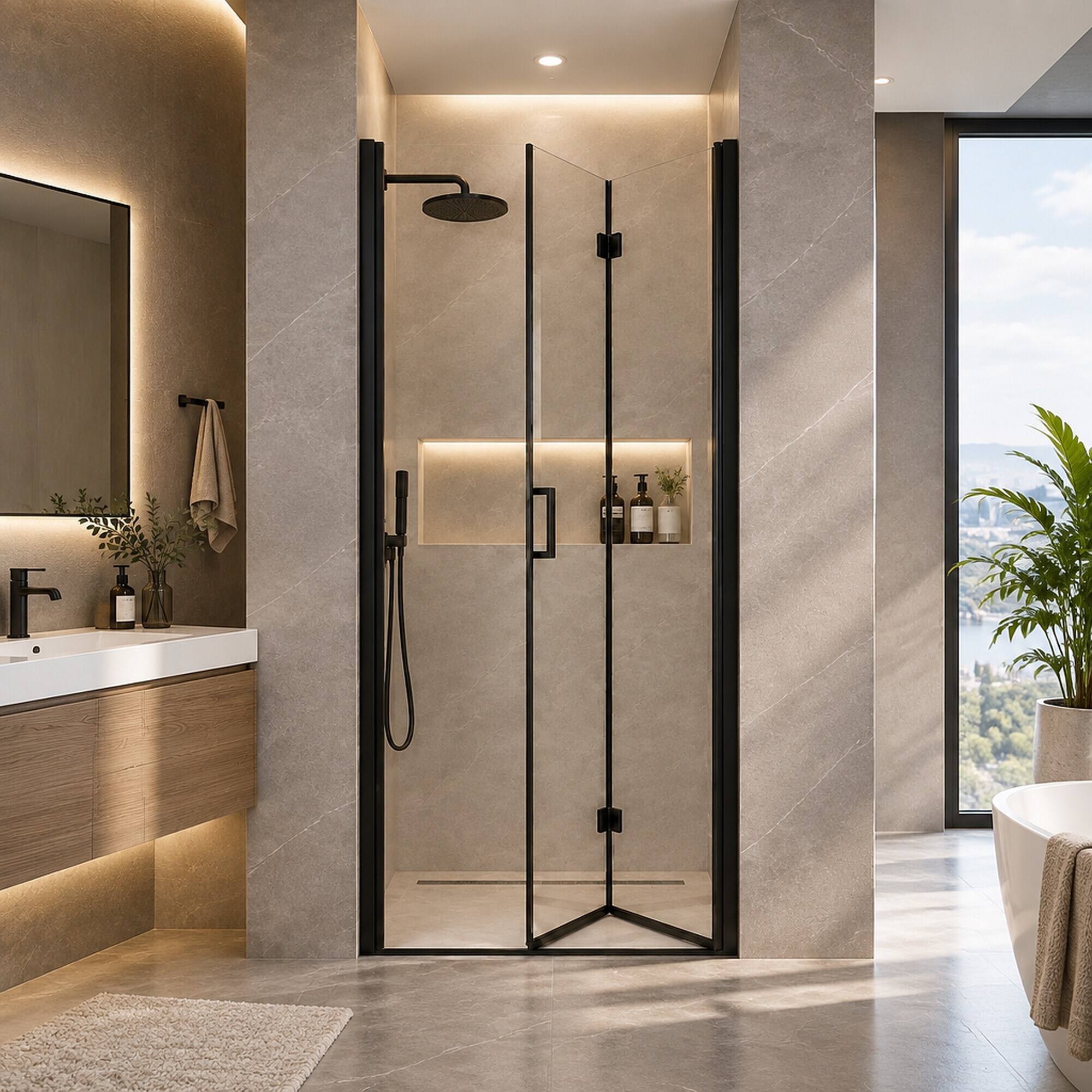Angle. RYHNUYNE - 32-33.2 In W X 72 In H Semi-Frameless Folding Pivot Shower Door, 1/4 In Clear Tempered Glass Matte Black Finish - Matte Black.