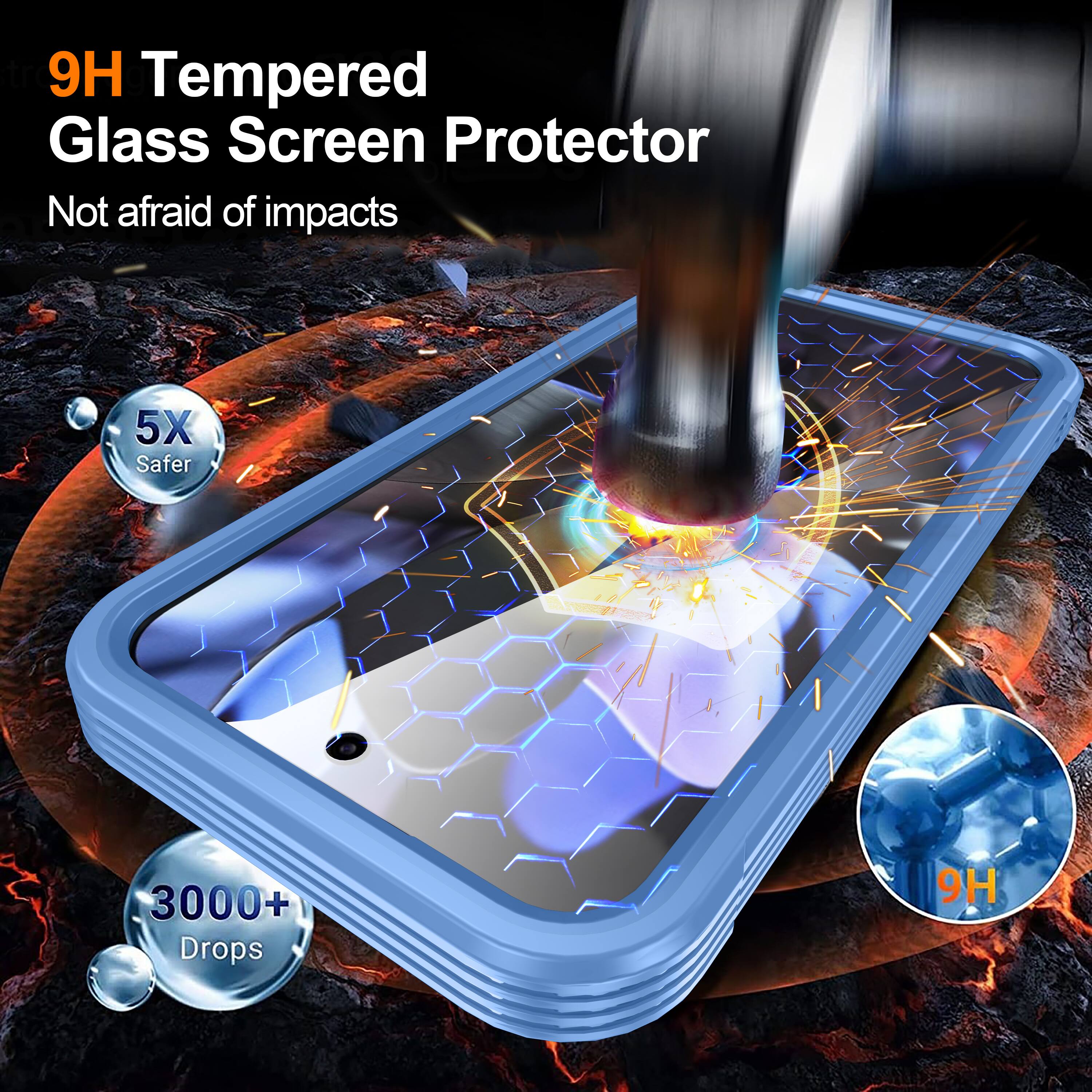 9H Tempered Glass Screen Protector  
Not afraid of impacts  
5X Safer  
3000+ Drops  
9H
