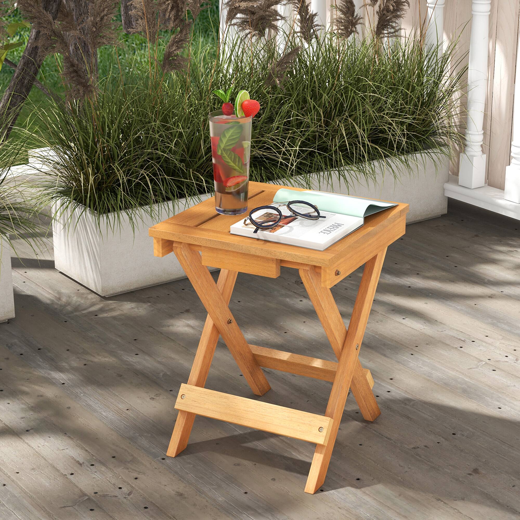 Alt View 1. Gymax - Gymax 14 inch Outdoor Folding Side Table Hardwood Square Compact Patio Table - Natural.