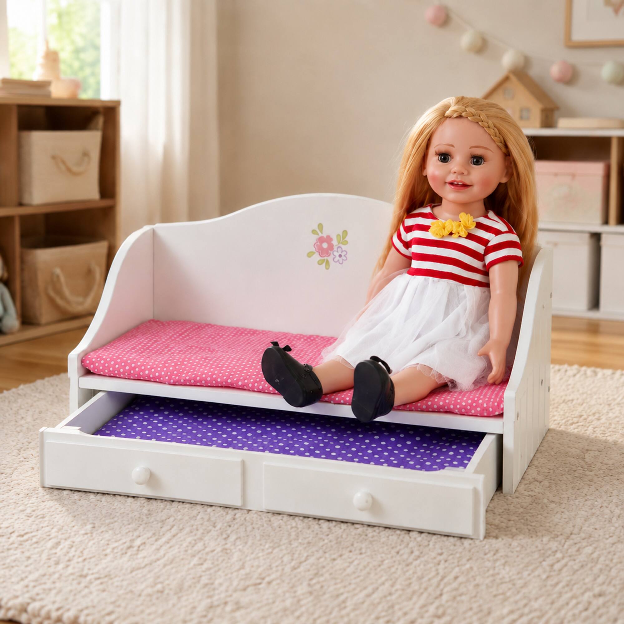 Angle. Teamson Kids - Doll White Trundle Bed with Pink Bedding.