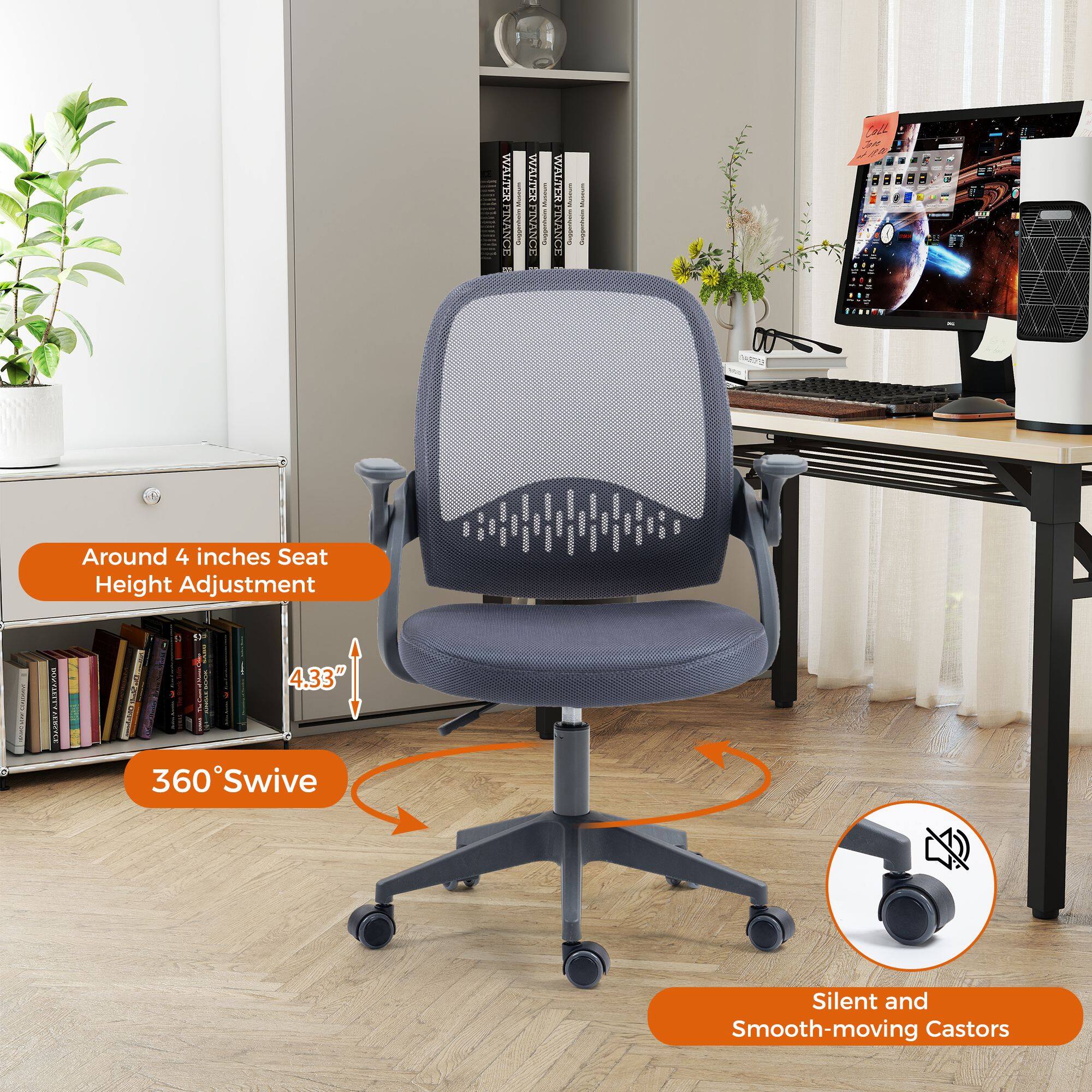 WALTER FINANCE  
WALTER FINANCE  

Around 4 inches Seat Height Adjustment  
4.33"  
360° Swivel  
Silent and Smooth-moving Castors