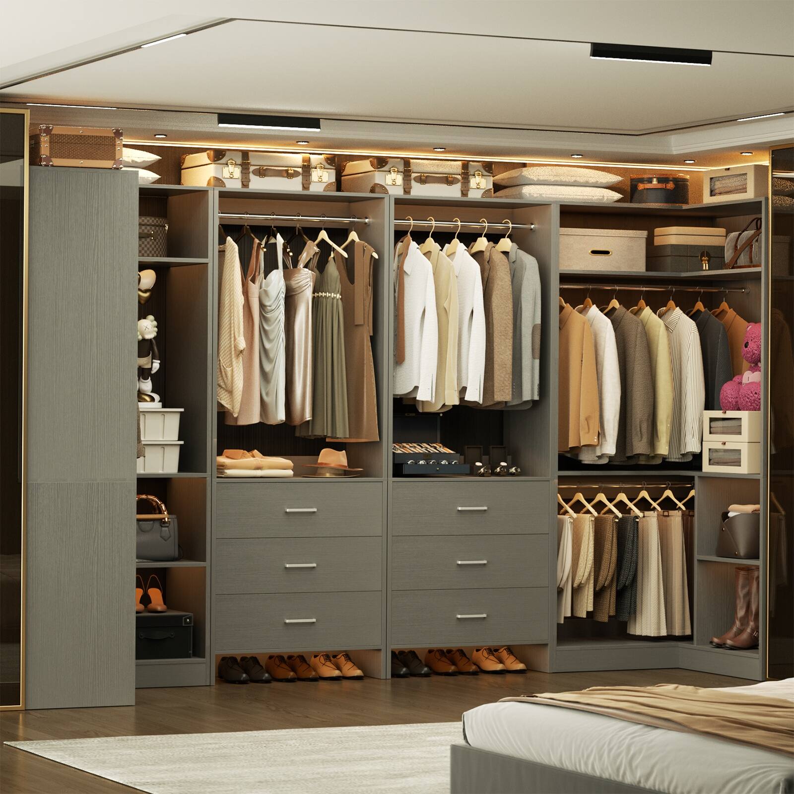 Back. Aheaplus - U-Shaped Closet Organizer System with 6 Drawers, 112.5" Walk-in Wardrobe System with Hanging Rods & Shelves, Set of 4 - Gray.