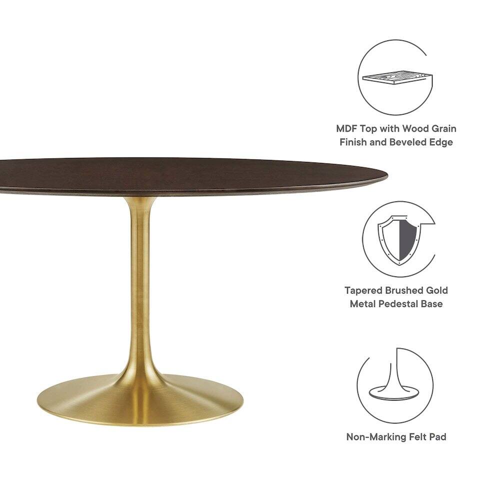 MDF Top with Wood Grain Finish and Beveled Edge  
Tapered Brushed Gold Metal Pedestal Base  
Non-Marking Felt Pad