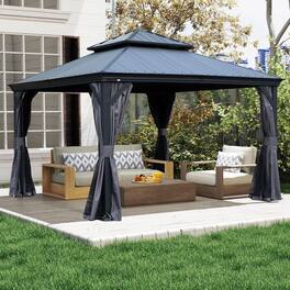 Mondawe - 12x12 Metal Gazebo With Resin Roof ,Curtains and Mosquito Netting Included - Dark Gray