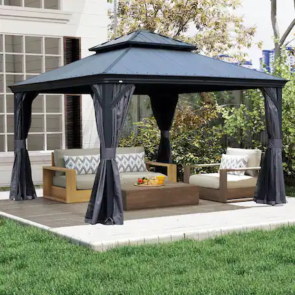 Front. Mondawe - 12x12 Metal Gazebo With Resin Roof ,Curtains and Mosquito Netting Included - Dark Gray.