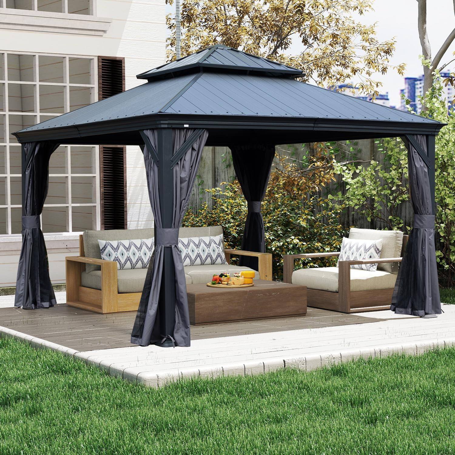 Front. Mondawe - 12x12 Metal Gazebo With Resin Roof ,Curtains and Mosquito Netting Included - Dark Gray.