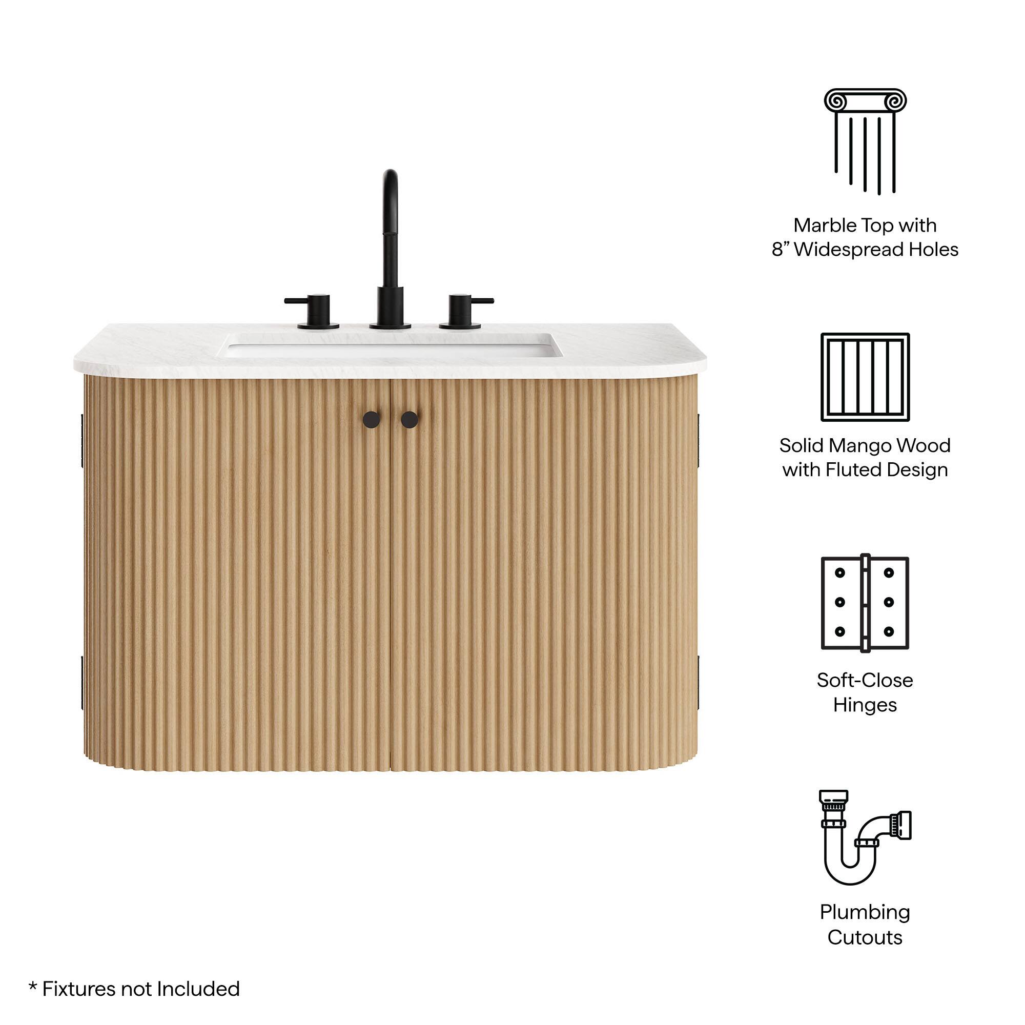 Marble Top with 8" Widespread Holes  
Solid Mango Wood with Fluted Design  
Soft-Close Hinges  
Plumbing Cutouts  
*Fixtures not Included