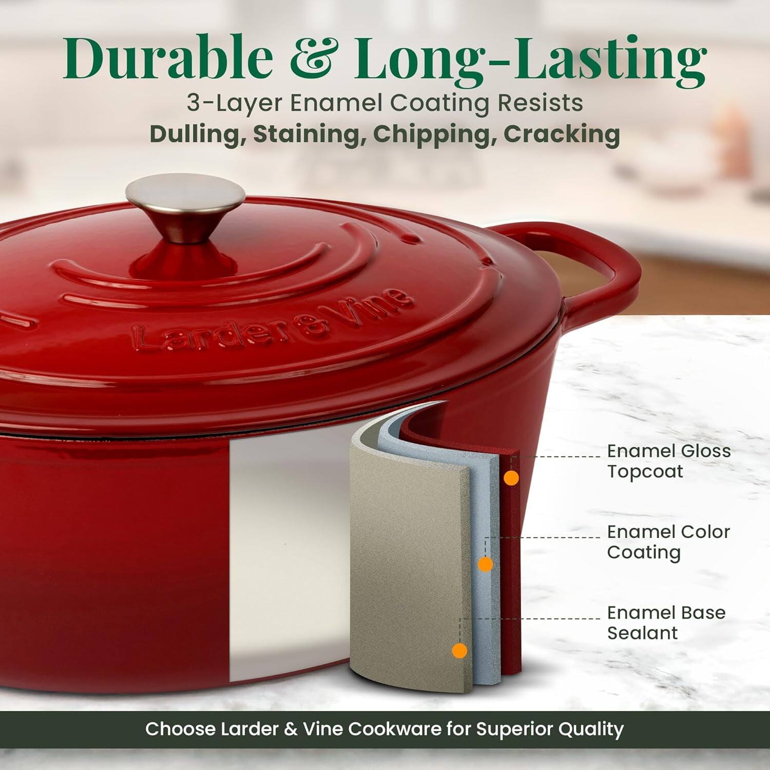 Durable & Long-Lasting  
3-Layer Enamel Coating Resists Dulling, Staining, Chipping, Cracking  
- Enamel Gloss Topcoat  
- Enamel Color Coating  
- Enamel Base Sealant  

Choose Larder & Vine Cookware for Superior Quality