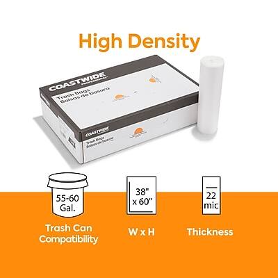 High Density  
COASTWIDE  
Trash Bags  
Basura de Bolsos  

COASTWISE  
Trash Bags  

55-60 Gal.  
Trash Can Compatibility  

38" x 60"  
W x H  

22 mic  
Thickness